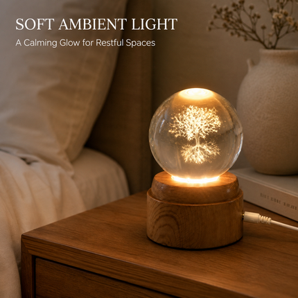 Tree of Life Crystal Ball 6cm LED Night Light Rotating Base USB Warm White + RGB