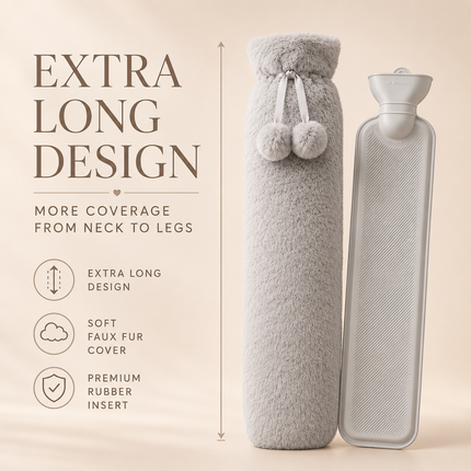 Extra Long 2.2L Hot Water Bottle Soft Fleece Cover Body Pain Relief Light Grey