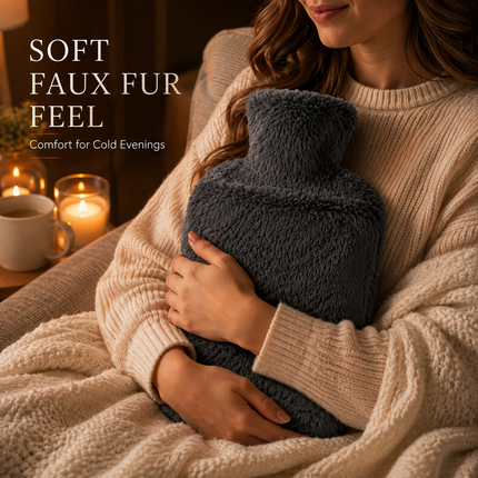 Hot Water Bottle 2L & 2.2L Extra Long Soft Fleece Faux Fur Cover Winter Warmer