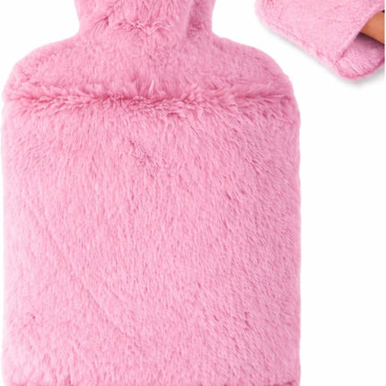2L Hot Water Bottle with Soft Faux Fur Cover Leakproof Winter Warmer – Pink