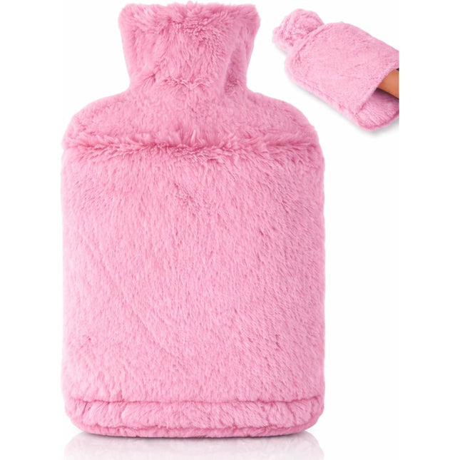 2L Hot Water Bottle with Soft Faux Fur Cover Leakproof Winter Warmer – Pink