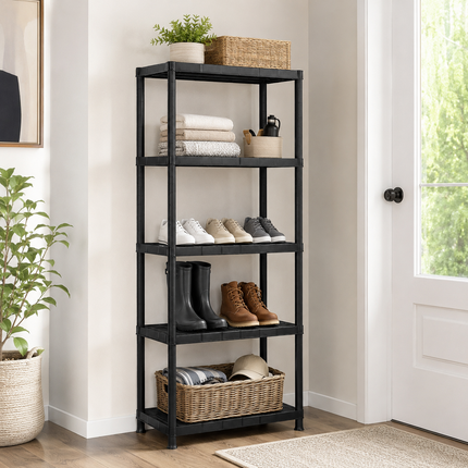 5-Tier Plastic Storage Shelf Rack Black - Home Garage Organizer