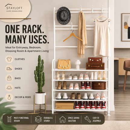 Coat Shoe Rack 5 Tier Entryway Storage Organizer Bench White