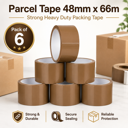 Parcel Tape 48mm X 66m Strong Heavy Duty for Secure Box Packing 6-Rolls Brown