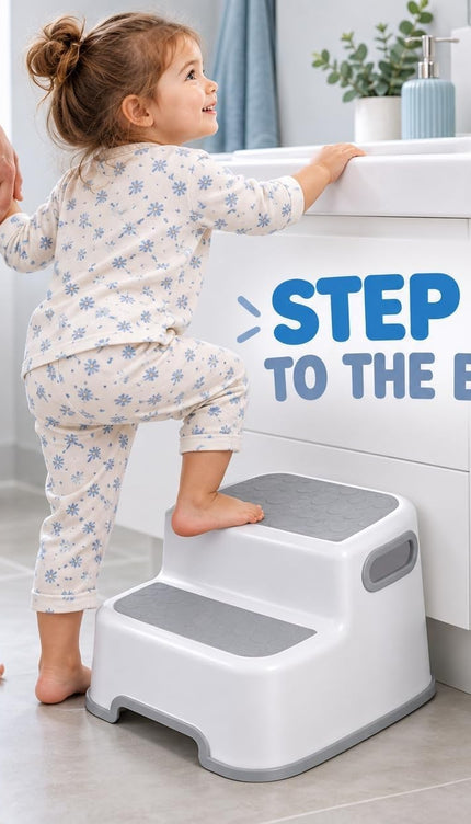 Kids Double Step Stool Non-Slip Bathroom Sink Toilet Carry Handles White Grey