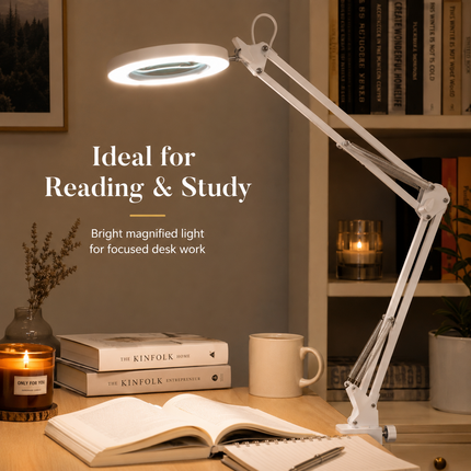3X Magnifying Desk Lamp LED Light Dimmable 3 Light Colour Step Dimming Swing Arm