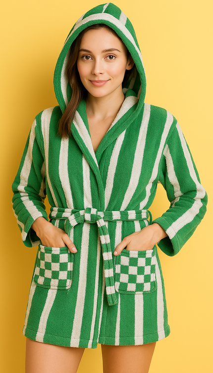 Small Green White Unisex Cotton Terry Bathrobe Gown Soft Spa Robe Men Women