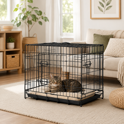 Pet Cage With Tray 48 Inch Heavy Duty Metal Cat Dog Crate Kennel