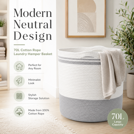 Laundry Hamper Basket 70L Cotton Rope Washing Storage Organizer for Clothes