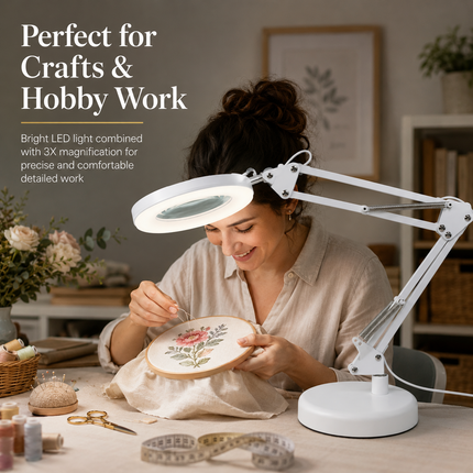 3X Magnifying Glass LED Desk Lamp Stepless Dimmable 3 Colour Swing Arm