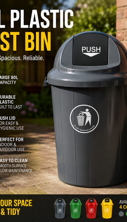 80L Large Plastic Dustbin Push Flap Lid Rubbish Waste Bin Home Office Kitchen