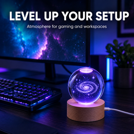 3D Engraved Galaxy Crystal Ball Night Light 6cm USB Wooden Base Warm White + RGB