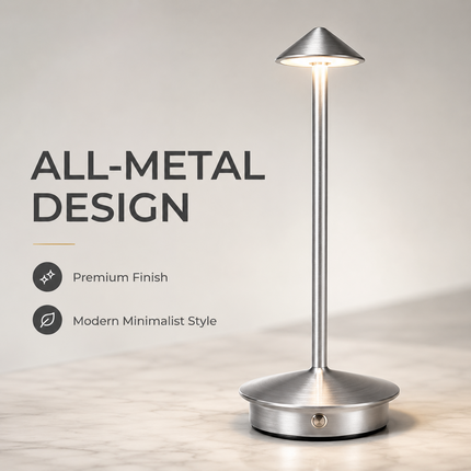 Cordless LED Table Lamp USB-C Rechargeable Dimmable Metal Light 3 Colour Modes