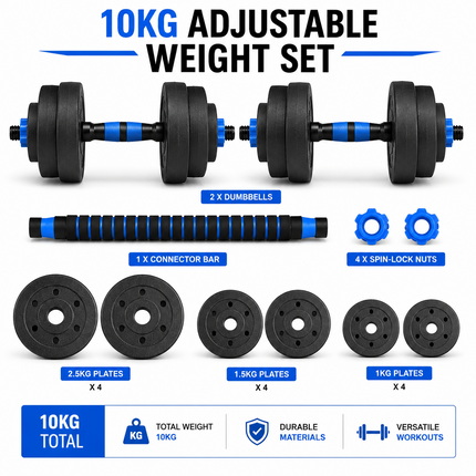 Dumbbell Barbell Set 10KG Adjustable Home Gym Weights Push Up Bar Rod