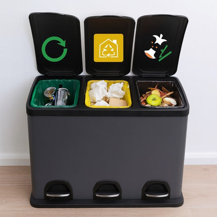 45L Kitchen & Office Pedal Bin Triple Compartment Stainles Steel Recycling 3x15L