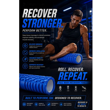 Foam Fitness Roller Blue Deep Tissue Massage Grid Muscle Trigger Point Muscles