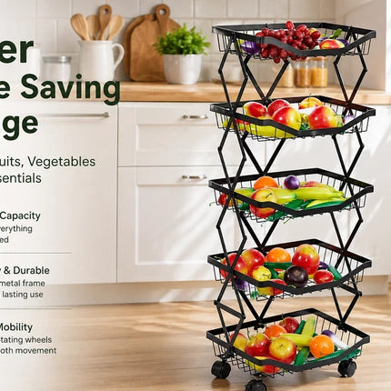 5 Tier Folding Rolling Storage Trolley Fruit & Vegetable Kitchen Cart With Wheel
