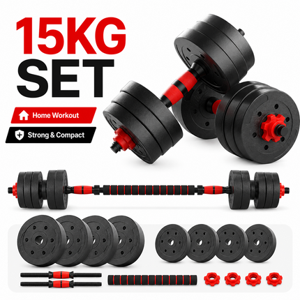 Adjustable Dumbbell Barbell Kettlebell  15KG  Weight Set 6 in 1 Home Gym
