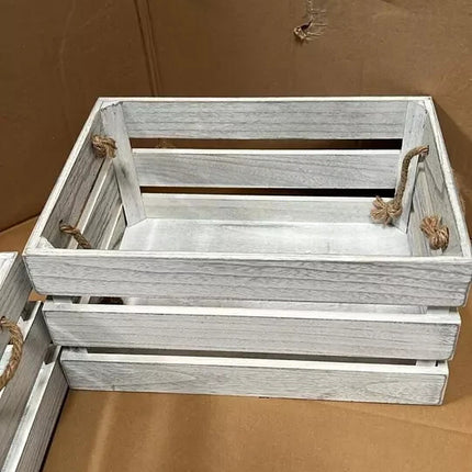 Wooden Storage Crates Set of 3 Bushel Box With Rope Handles Grey Vintage Basket