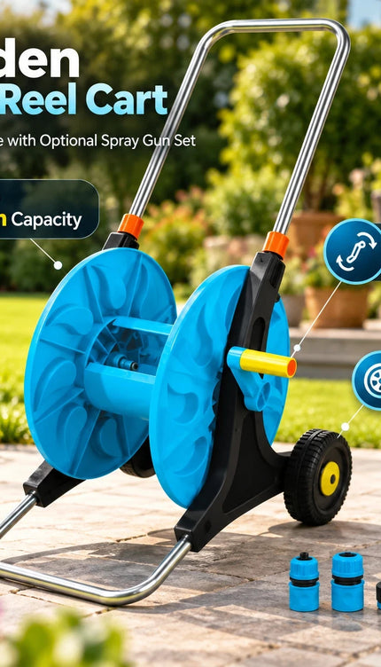 Garden Hose Reel Trolley Upto 50M Capacity Wheeled Portable Cart Spray Gun Set