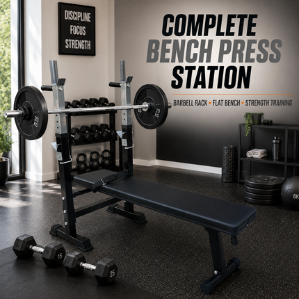 Adjustable Weight Bench With Barbell Rack Flat Workout Exercise Gym Bench Press