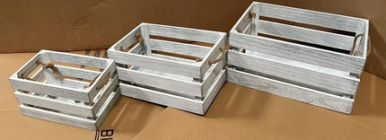 Wooden Storage Crates Set of 3 Bushel Box With Rope Handles Grey Vintage Basket