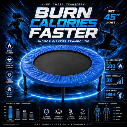 Mini Fitness Trampoline Blue Cardio Workout Exercise Portable Rebounder 45 Inch