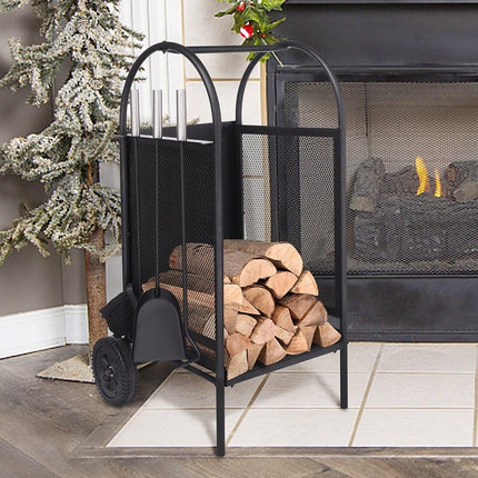 Firewood Log Cart Wheeled with 3 Tools Black Steel Fireplace Log Holder Set
