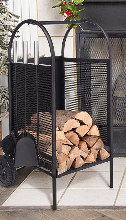 Firewood Log Cart Wheeled with 3 Tools Black Steel Fireplace Log Holder Set