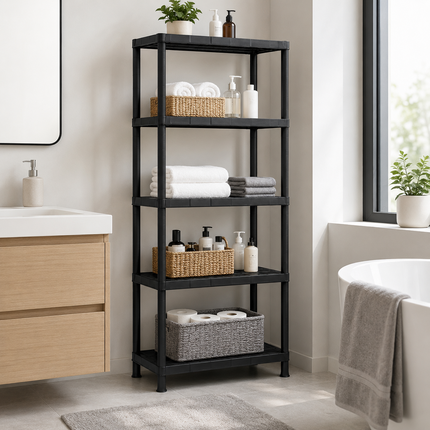 5-Tier Plastic Storage Shelf Rack Black - Home Garage Organizer