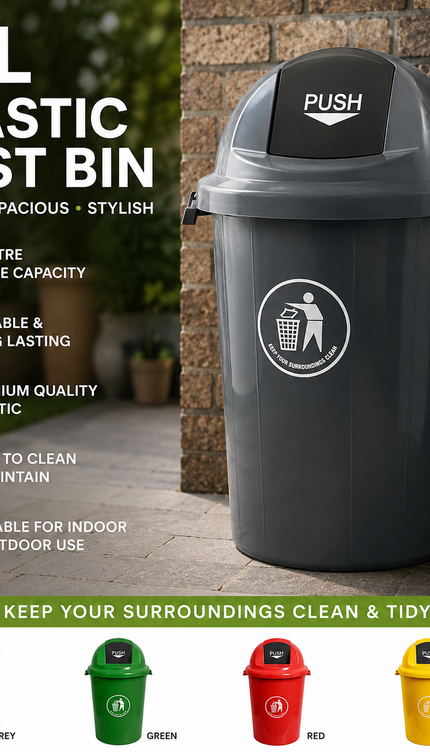 80L Large Plastic Dustbin Push Flap Lid Rubbish Waste Bin Home Office Kitchen