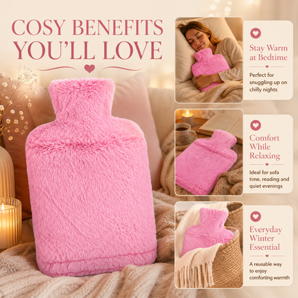 2L Hot Water Bottle with Soft Faux Fur Cover Leakproof Winter Warmer – Pink