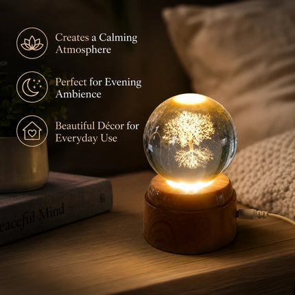 Tree of Life Crystal Ball 6cm LED Night Light Rotating Base USB Warm White + RGB