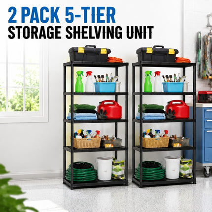 2x 5-Tier Heavy Duty Shelving Rack Black Plastic Unit