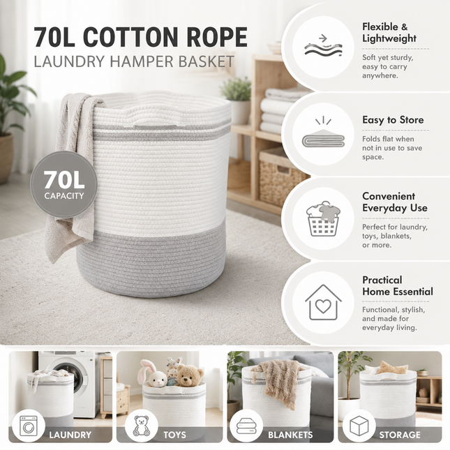 Laundry Hamper Basket 70L Cotton Rope Washing Storage Organizer for Clothes