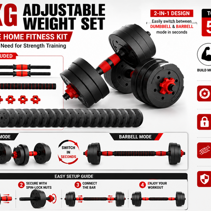 50KG  Adjustable 6-in-1 Dumbbell Barbell Weights Set For Home Gym