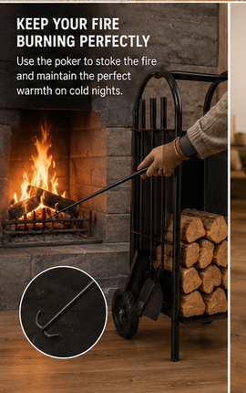Firewood Log Cart Wheeled with 3 Tools Black Steel Fireplace Log Holder Set
