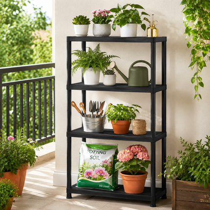 Storage Shelving 4 Tier Black Plastic Rack Pack 2 Home Garage