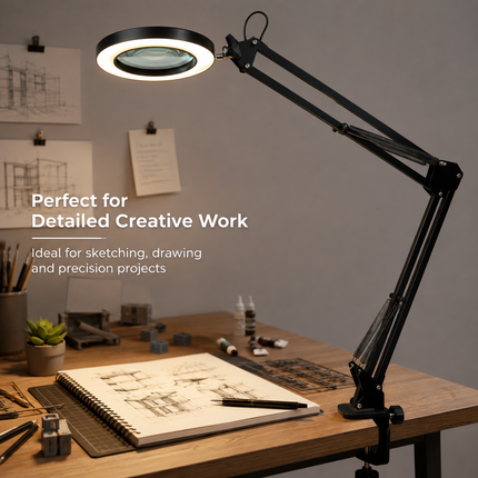 3X Magnifying Desk Lamp LED Light Dimmable 3 Light Colour Step Dimming Swing Arm