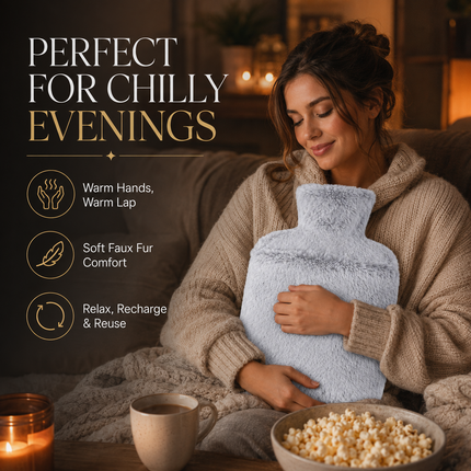 Hot Water Bottle 2L with Soft Faux Fur Cover Leakproof Winter Warmer Light Grey