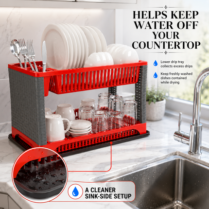 Dish Drainer Rack With Drip Tray 2 Tier Sink Drying Plate Bowl Cutlery Holder
