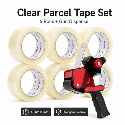 Tape Gun Dispenser with 6 Brown or Clear Packing Tape Rolls 48mm x 66m