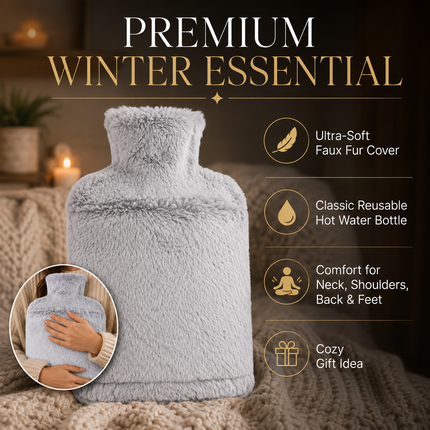 Hot Water Bottle 2L with Soft Faux Fur Cover Leakproof Winter Warmer Light Grey