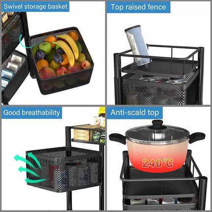 4-Tier Rotating Kitchen Storage Rack Trolley Cart Shelf Veg Serving Stand