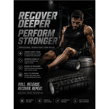 Foam Fitness Roller Black Deep Tissue Massage Grid Muscle Trigger Point Muscles