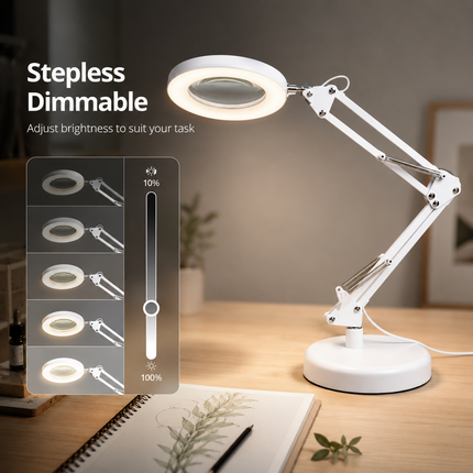3X Magnifying Glass LED Desk Lamp Stepless Dimmable 3 Colour Swing Arm