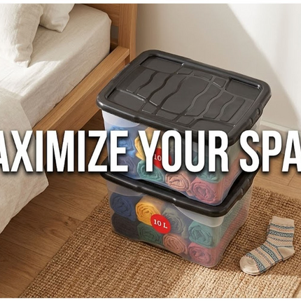 2x Curve Storage Boxes With Lid 10L Clear Plastic Underbed Home Office Organizer