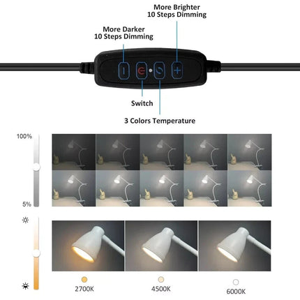 LED Desk Lamp Clip On Reading Light 3W Eye-Care Flexible 10 Brightness Levels