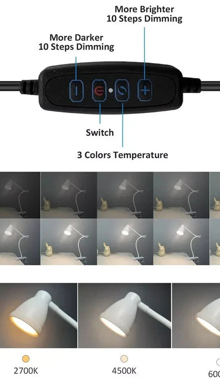 LED Desk Lamp Clip On Reading Light 3W Eye-Care Flexible 10 Brightness Levels