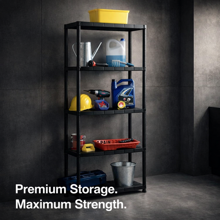 5 Tier Black Plastic Storage Shelving Rack Unit for Home Garage Workshop
